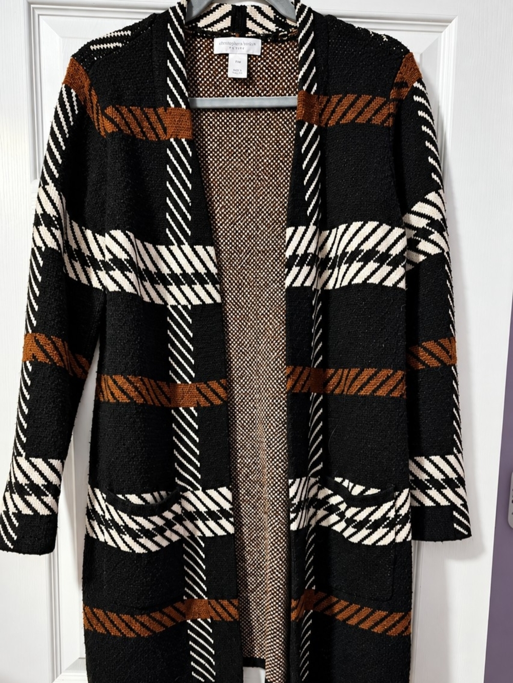 Christopher & Banks Black Plaid Open-Front Cardigan with Brown & Cream Stripes